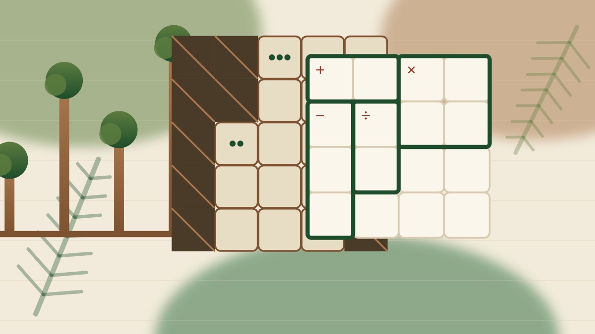 Une rangée d'arbres de hauteurs différentes, une grille de Kakuro sur papier crème et une grille de Calcudoku aux cages cernées, sur un fond de fougères et de tons de bois.